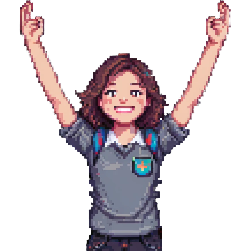 college student smiling in front of a laptop, arms raised in a hooray position, pixel art style emoji