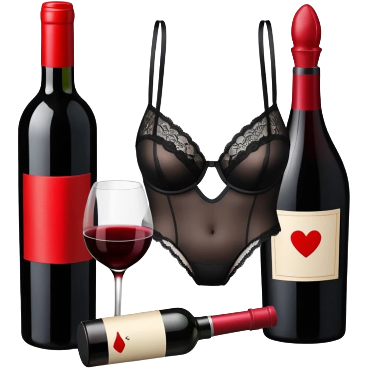 bag next to wine bottle, lipstick, lingerie. emoji