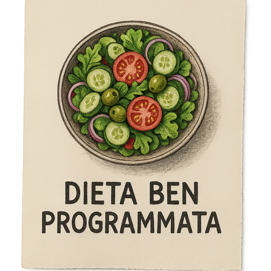 hyperrealistic 4K image of a sheet of paper seen from above with a bowl of salad drawn and the text 'DIETA BEN PROGRAMMATA', variation 7, no background emoji