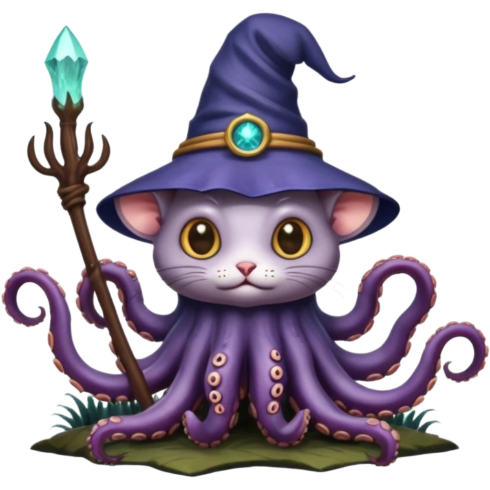 a cat that looks like a wizard that is half monster half octopus holding a rat looking super scary and mysterious with forest background nighttime sky emoji