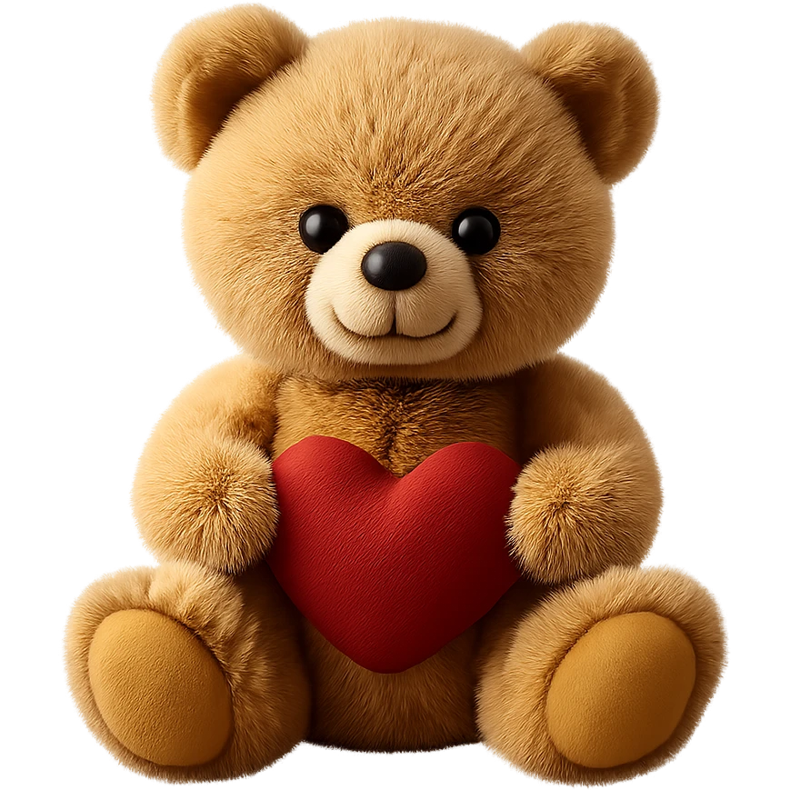 Isolate the realistic teddy bear holding a heart with soft lighting on a transparent background, removing all other background elements. emoji