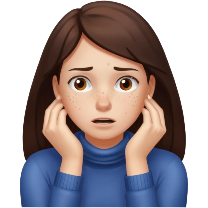 Brunette girl with freckles with her hands around her neck in frustration  emoji