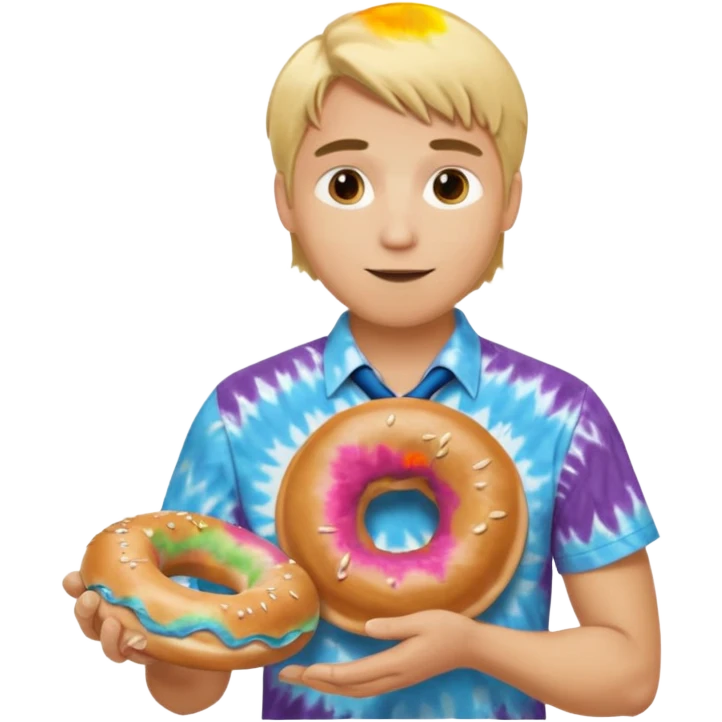 Blond man making bagels with tie die shirt emoji
