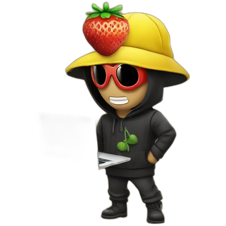 a guy with a strawberry head wearing a thief's outfit, he's in front of a laptop with a mask over his eyes and a thief's cap, on his back he has a yellow thug bag with a dollard sign on it. emoji