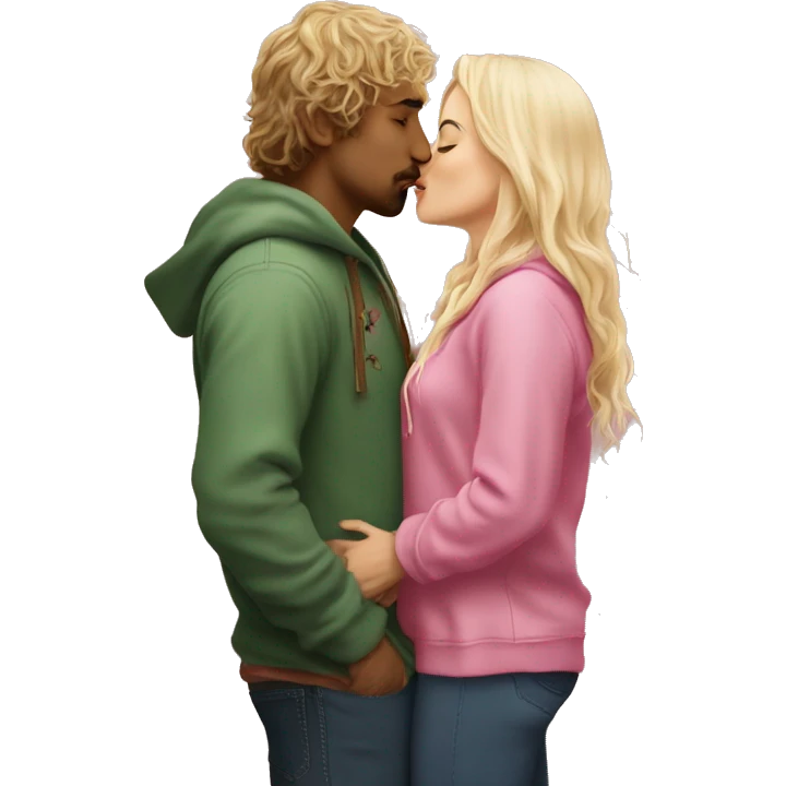 Pippin-hobbit wearing hoodie passionately kissing pretty blonde woman wearing pink top emoji