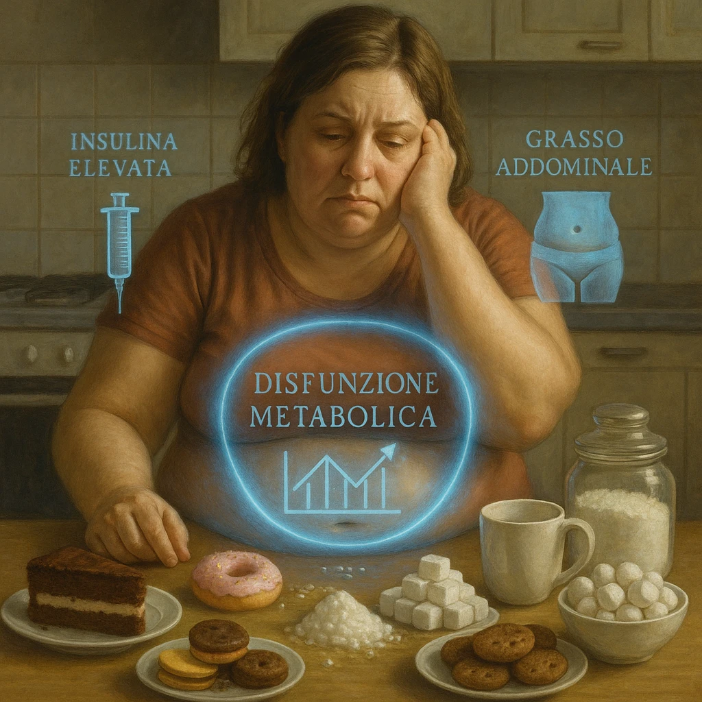 realistic surreal symbolism; woman late 30s, slightly overweight, sitting tired at kitchen table with sweets and sugars in front; frustrated expression; blue halo around abdomen (metabolic dysfunction); transparent icons: high insulin, high blood sugar (graph with upward arrows), fat on belly and hips; writings in Italian emoji