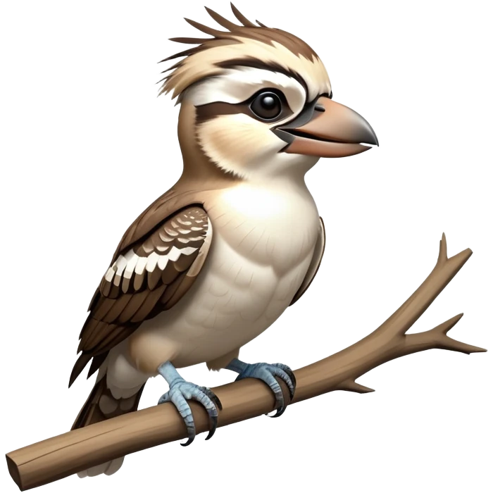 cinematic-kookaburra-realistic-full-body-perched-emoji,-compact-sturdy-frame-balanced-on-a-weathered-branch,-brown-and-white-feathered-wings-folded-neatly,-bold-striped-face-with-a-mischievous-glint-in-its-eye,-massive-sharp-beak-slightly-open-as-if-ready-to-laugh,-simplified-yet-realistic-focused-features,-highly-detailed,-glowing-with-a-warm-golden-light emoji