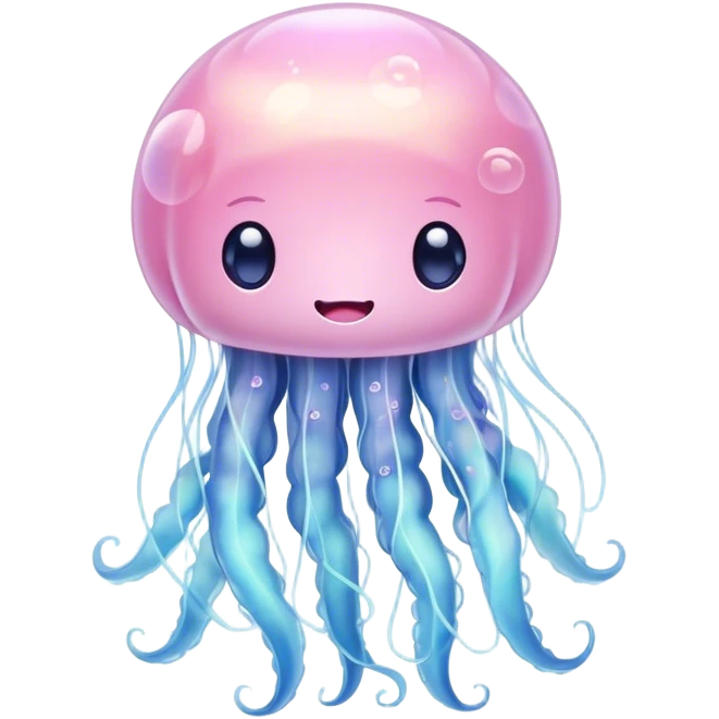 Cinematic floating kawaii jellyfish, tiny round body, soft glowing tentacles, pastel pink and blue hues, delicate sparkling highlights, dreamy and adorable. emoji