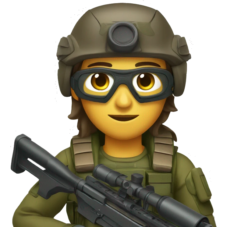 Sniper with a sniper rifle dressed in brown camouflage, dark green helmet and body armor with tactical goggles and brown hair emoji