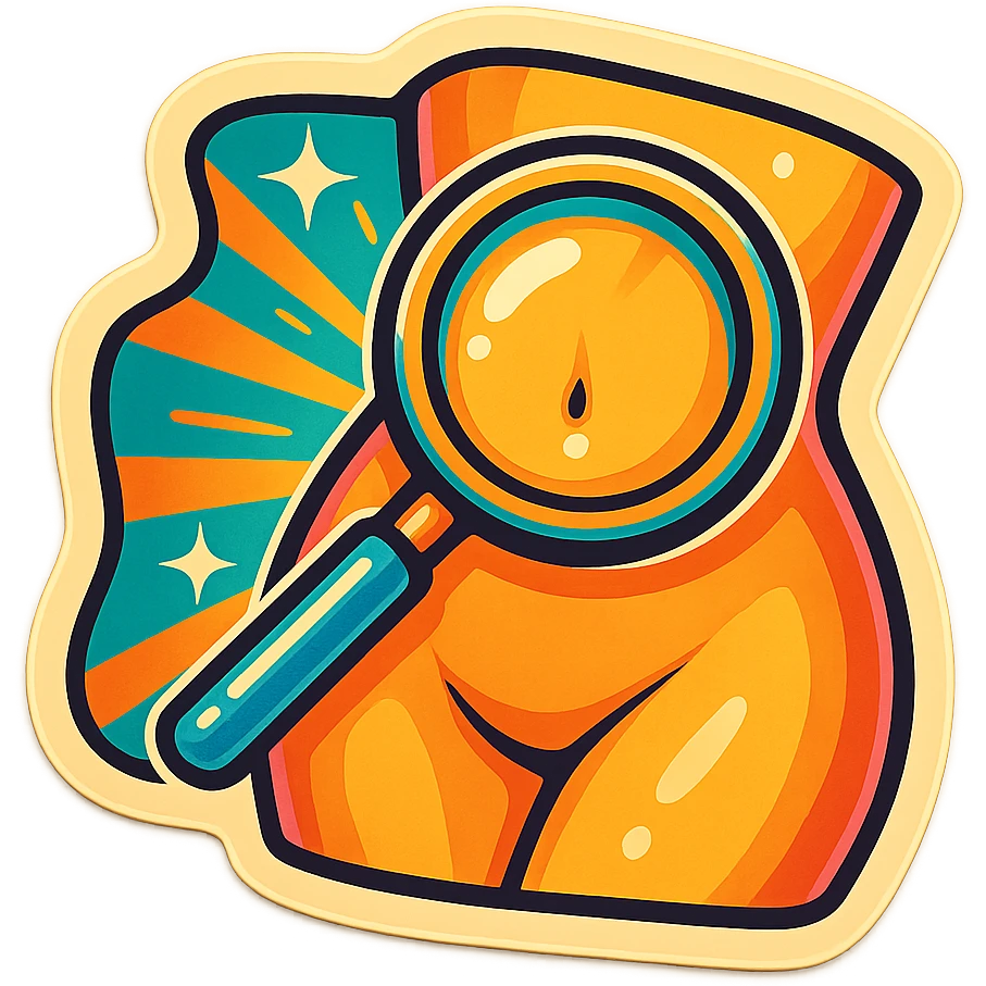 vibrant sticker showing a magnifying glass zooming in on the abdomen, with dynamic lines and a cheerful vibe emoji