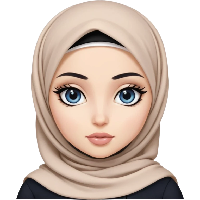 pretty bratz girl, hijabi, dark blue eyes, black eyeliner, pale skin, black clothes emoji