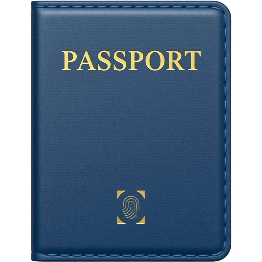 neat blue cover passport with golden letters "PASSPORT" word, with biometric symbol beyond it emoji