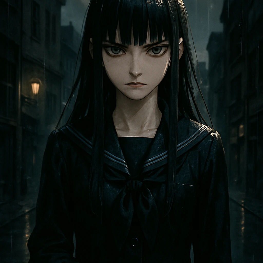 ultra-detailed anime girl with long straight black hair, sharp bangs, pale skin, amber green eyes, cold intense gaze, standing in the rain, cinematic lighting, wet dark school uniform, gloves, noir urban background, moody anime style, gothic shoujo, dramatic shadows emoji