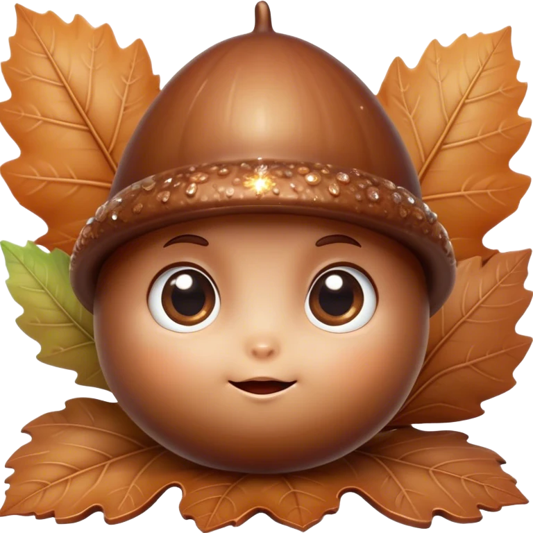 Cinematic tiny happy acorn, glossy brown, soft glowing highlights, tiny adorable face with big sparkly eyes, sitting on a pastel leaf, warm and cheerful. emoji