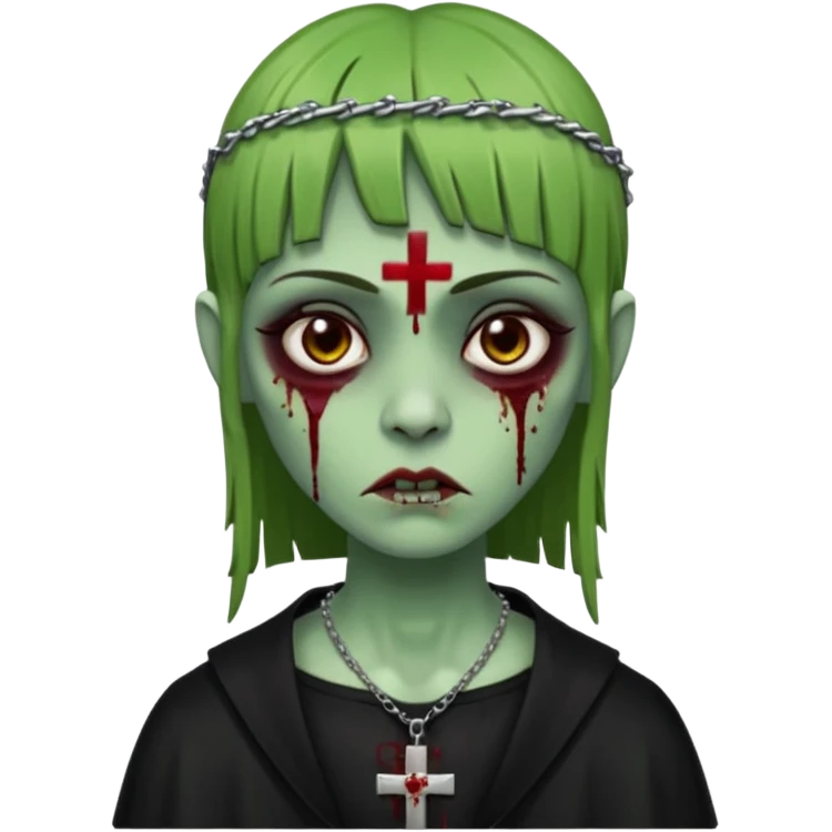 Zumbi verde com olhos castanhos aspecto de que tá sangrando, uma franja reta um piercing do lado esquerdo do nariz, roupa preta e crucifixo como colar, e também delineador emoji