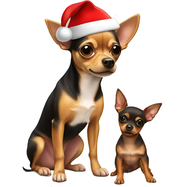 A blonde chihuahua and a miniature Pinscher wearing Santa hats  emoji