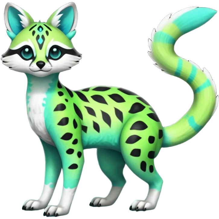 Rare realistic iridescent neon lime-green & cyan white black lush tropical exotic cute epic pretty beautiful handsome gorgeous aesthetic colorful vibrant Vernid-Protogen-Primagen-Wickerbeast-Genet-Trico-species-Fakemon-hybrid-creature by LiLaiRa, beautiful intricate markings, full body emoji