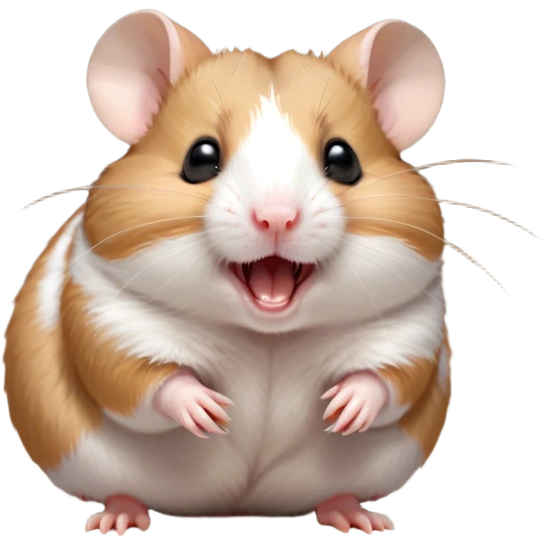 Cinematic Cute Yawning Brown and White Banded Hamster Portrait Emoji, Head tilted slightly with a dramatic, wide-open yawn, revealing a soft, banded fur of brown and white with tiny droopy ears, round dark eyes barely open in drowsy contentment, Simplified yet irresistibly adorable features, highly detailed, glowing with a soft, cozy glow, high shine, relaxed yet expressive, stylized with a touch of whimsy, bright and endearing, soft glowing outline, capturing the essence of a sleepy yet affectionate hamster, so drowsy it feels like it could stretch out of the screen and curl up for a nap! emoji