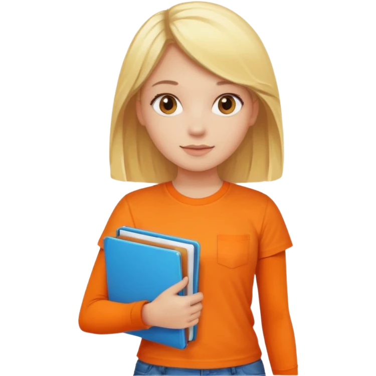 blonde girl in an orange t-shirt holding folders, vibrant colors emoji