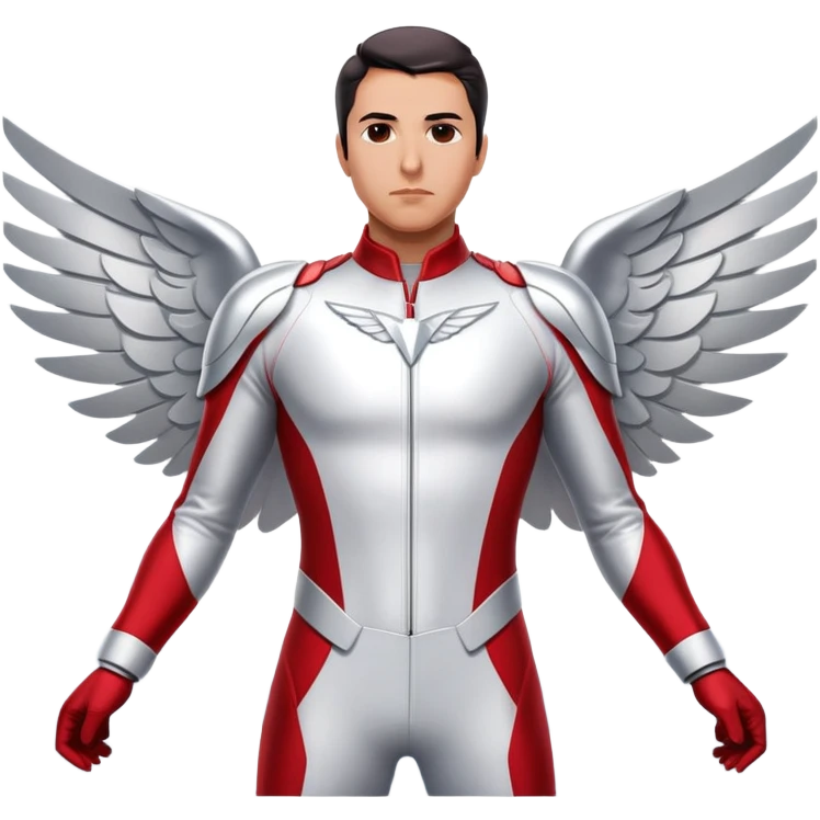 Danny Ramirez as the new Falcon in Captain America: Brave New World, wearing a sleek, high-tech red, white, and silver suit with aerodynamic wings. His expression is determined and heroic, ready for action. The background features a dramatic sky, highlighting his flying abilities emoji