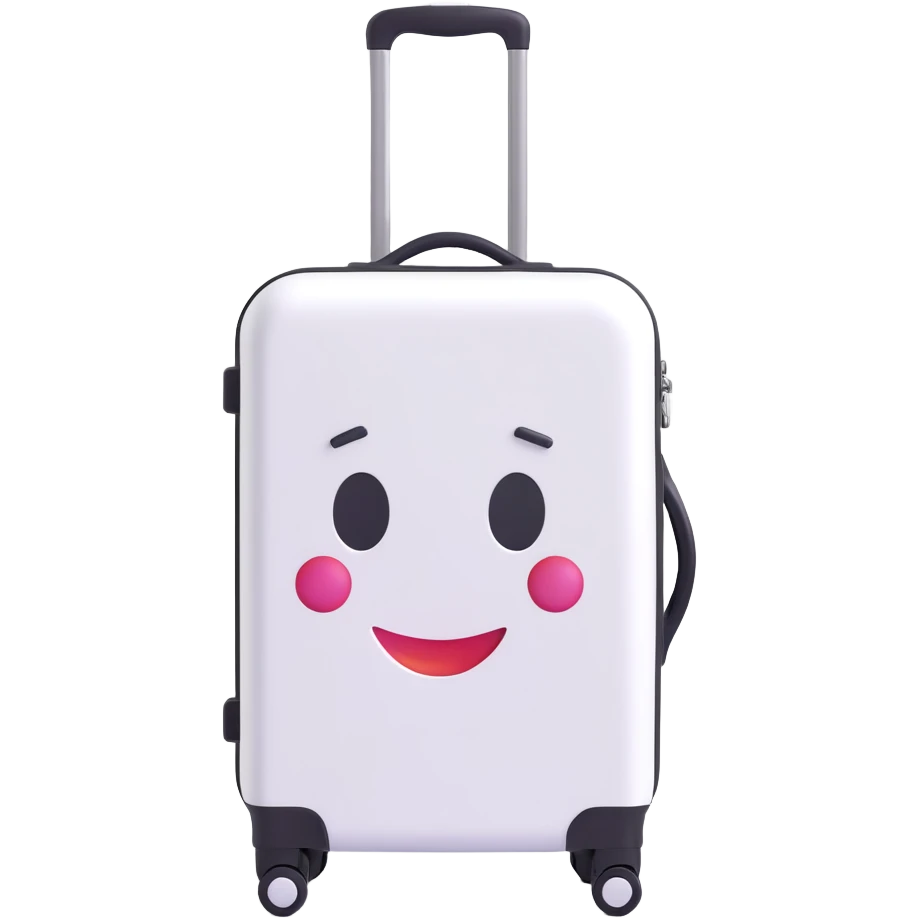 white suitcase on wheels with extended telescopic handle, no black inserts, pure white color, soft shadows and highlights, 3D Emoji style, transparent background emoji