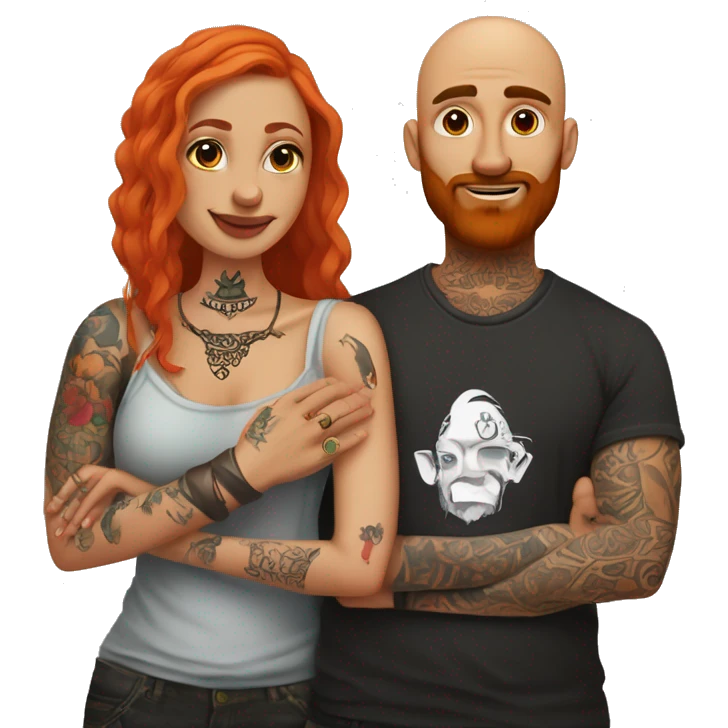 Indian Beard guy with bald head and tattoos only on left hand hugging a ginger hair Croatian girl with septum ring and tattoos on right hand  emoji