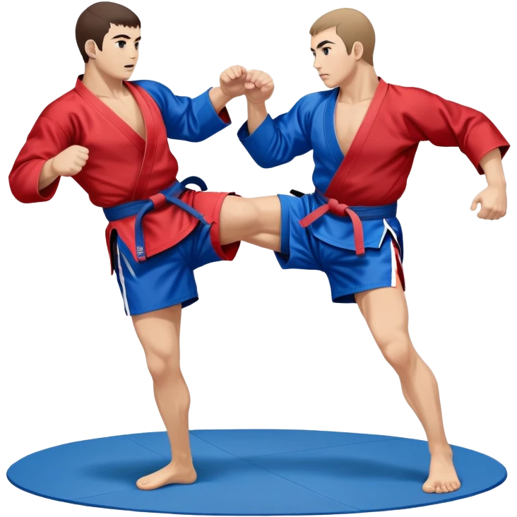 Two Sambo fighters in blue and red kimonos, with shorts and wrestling shoes, performing grappling and throwing techniques. The background shows a wrestling mat and an intense, focused atmosphere. Transparent background highlights the fluidity and skill of the sport without strikes. emoji