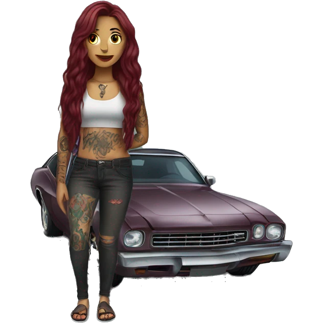 Beautiful tattooed burgundy long haired woman standing next to a car emoji