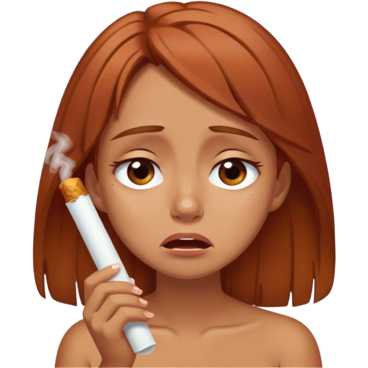 Reddish Brown haired tan girl slightly crying with a joint emoji