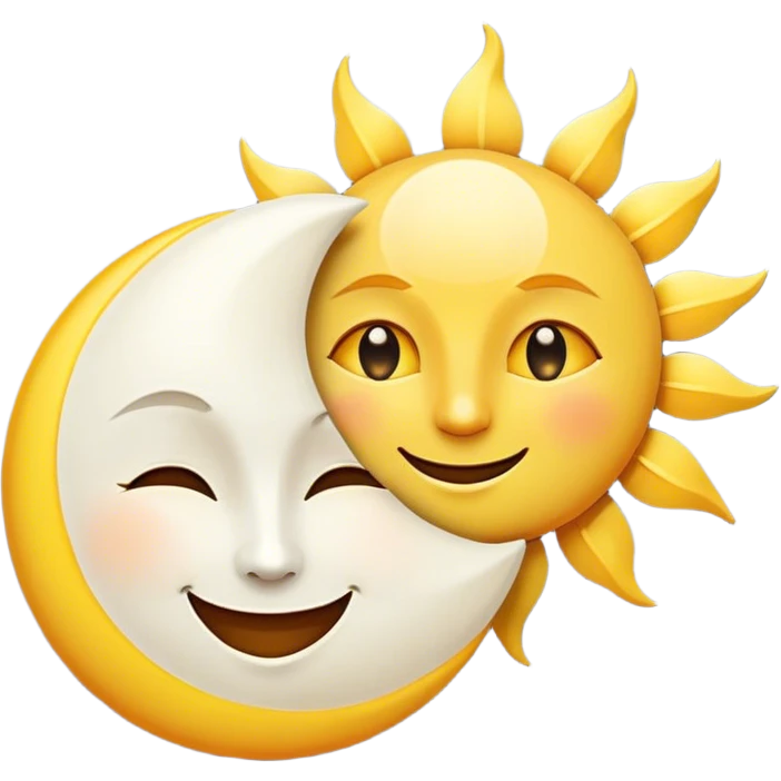 a really bright  big sun and a small moon who shines because of it. the sun is bigger and the tiny \moon bright too beside it smiling looking at each other emoji