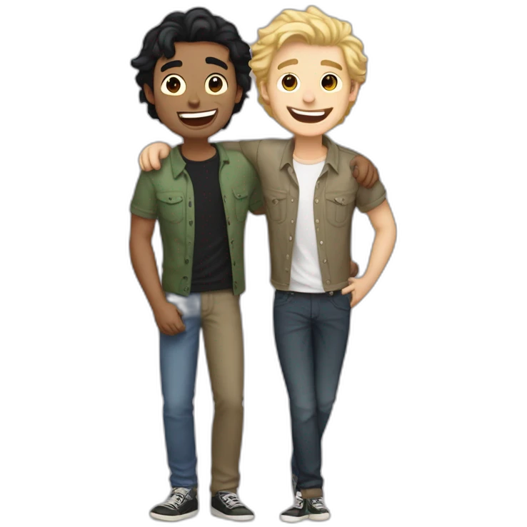 Gay couple, 1 guy Latino black straight hair and 1 Australian white guy with blonde slightly curly hair laughing full body and a cat as a pet emoji