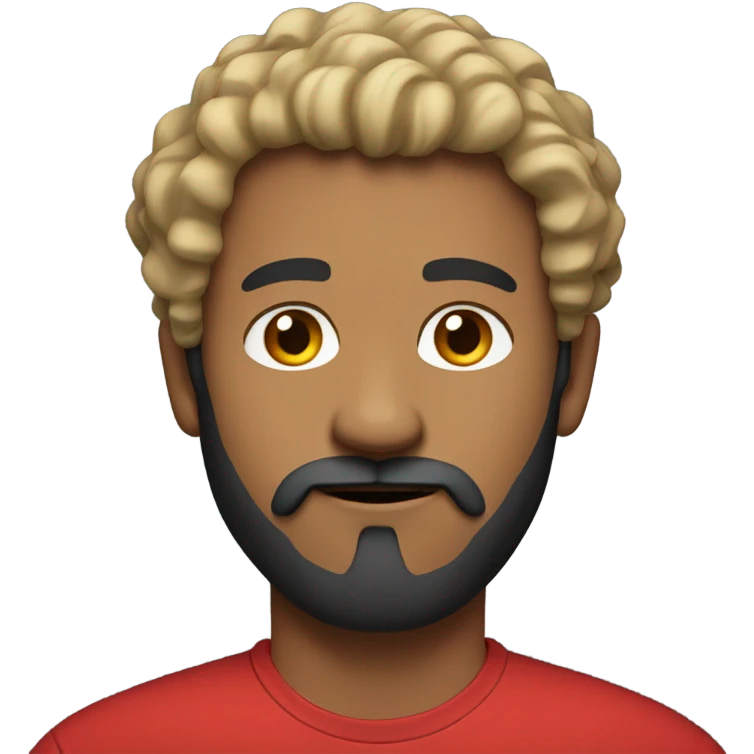 Man in red shirt tan skin curly black hair standing up beard and mustache  emoji