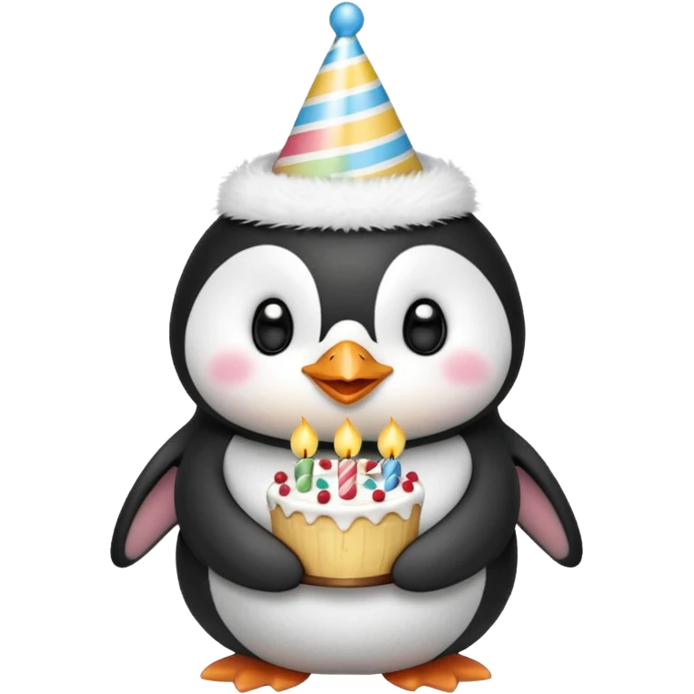 cute penguin with birthday hat hold a birthday cake in both arms emoji