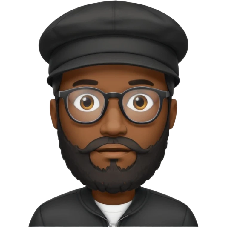 A stylish black man wearing glasses, with a full beard, wearing a black cap, realistic, high detail, studio lighting. emoji