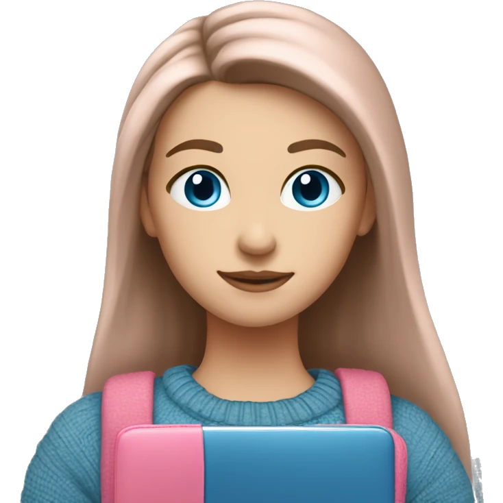caucasian white IT girl student, holding pink laptop, blue eyes, brown hair ponytail wearing a thick sweater emoji