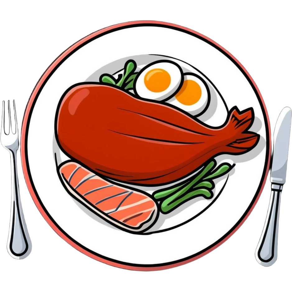 Cute sticker of a floating plate with a large chicken breast as the main focus, a red meat steak, smaller salmon fillet, and tiny egg, orbiting a DNA symbol, with energy flowing to a strong muscular cartoon figure emoji