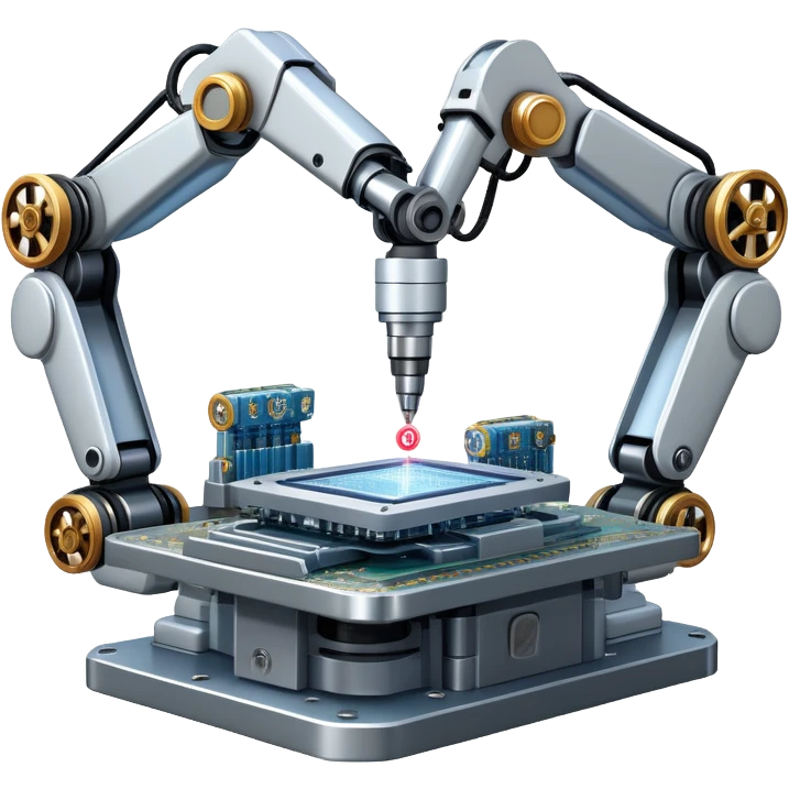 An icon featuring a giant robotic machine welding a large microchip with a laser, using two robotic arms. The design includes circuit boards, gears, and technical schematics, symbolizing advanced engineering and automation. Transparent background highlights the fusion of technology emoji