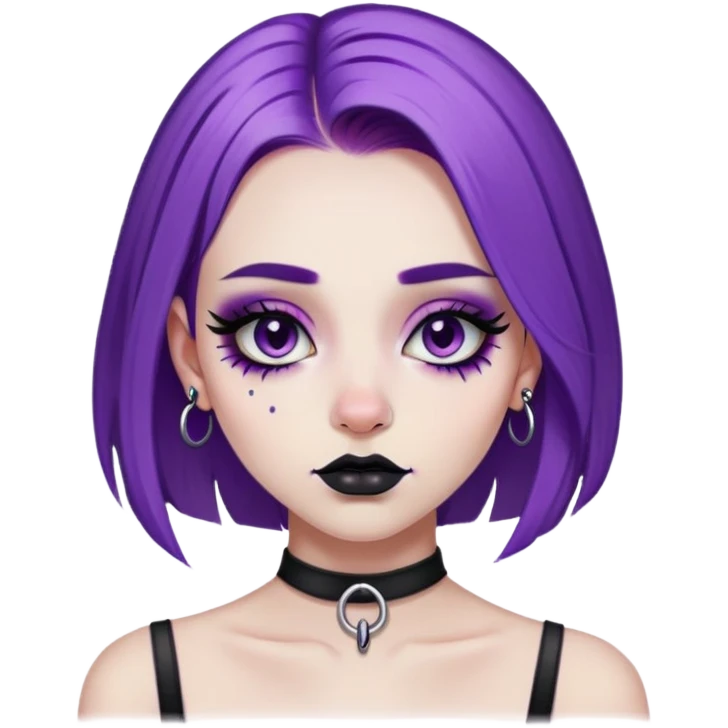 girl with purple hair, black septum piercing, black bridge piercing, eyeliner, lashes emoji