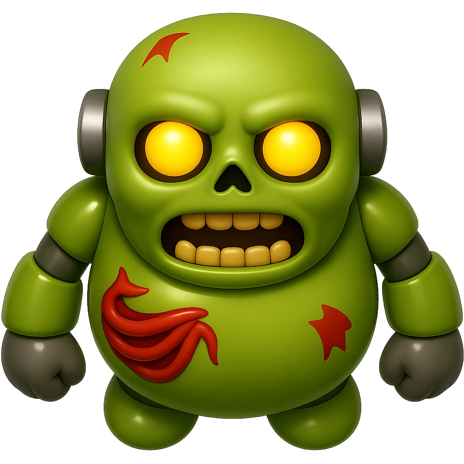 Create a top-down view of the front side of a fat zombie robot terminator character in the style of Apple emojis with a glossy, smooth finish and no background. The style should be shiny and polished like Apple emojis but with no background. emoji