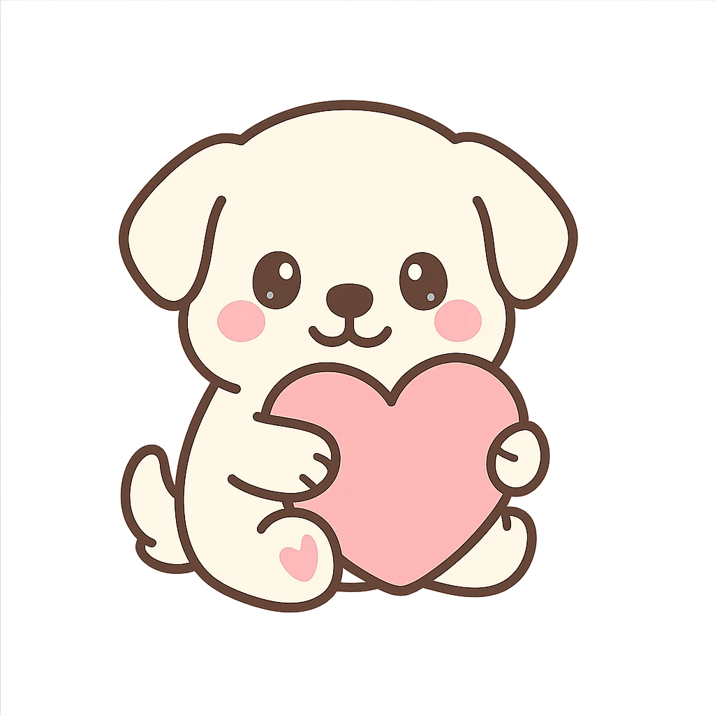 smiling white retriever embracing beautiful pink heart pillow, radiating cuteness emoji