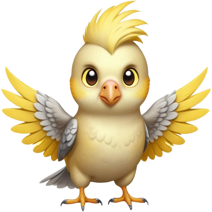 adorable-[cockatiel]-realistic-full-body-perched-emoji,-wings-tucked-neatly,-head-tilted-dramatically,-sleek-[yellow and grey]-feathers,-simplified-yet-realistic-focused-features,-highly-detailed,-glowing-with-an-almost-sarcastic-glow emoji