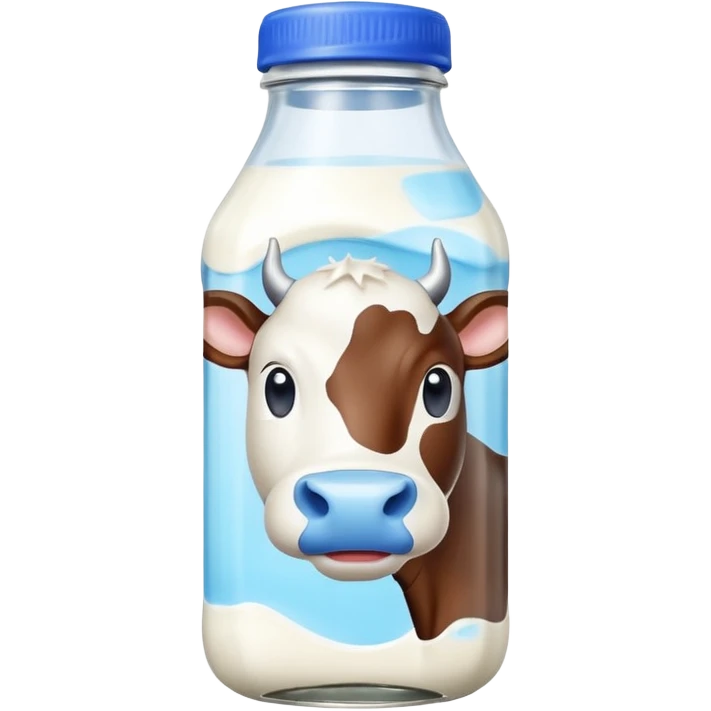 A 3D cartoon glass bottle of cow’s milk — white liquid, blue cap, clear reflections, Memoji-style rendering. emoji
