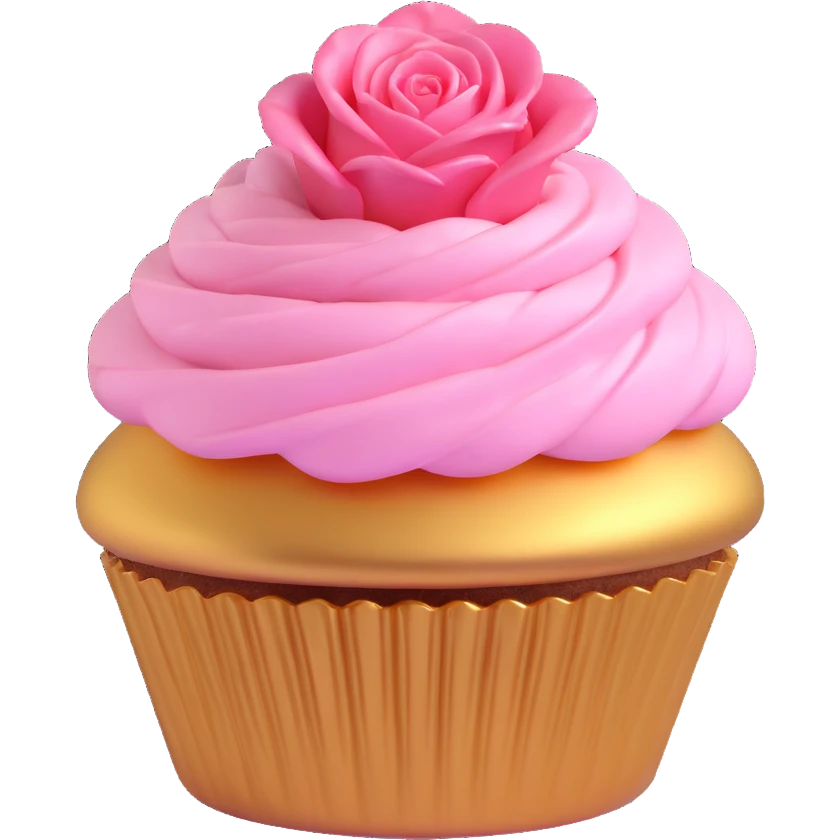 cupcake with pink icing shaped like a rose, golden cupcake base, 3D emoji style emoji