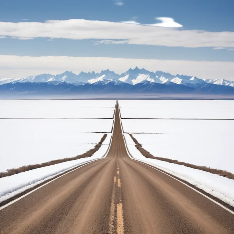 A long STRAIGHT dirt road that disappears into the horizon half way up the screen from the perspective of someone sitting in the middle of the road looking down it. Flat snow fields on both sides of the road with huge looming mountains above the roads horizon line.  emoji