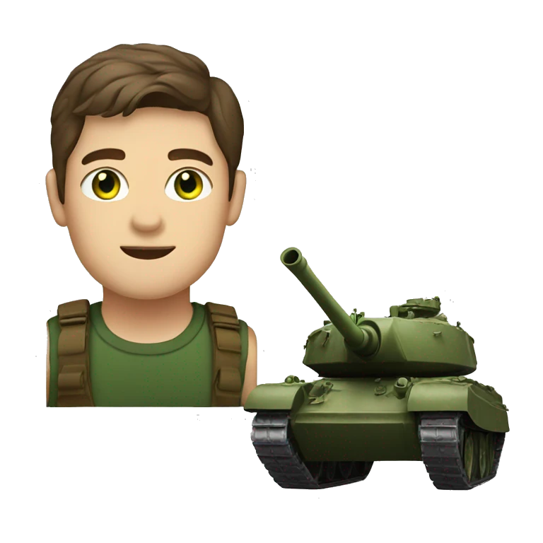A man with brown hair and green eyes, driving a tank emoji