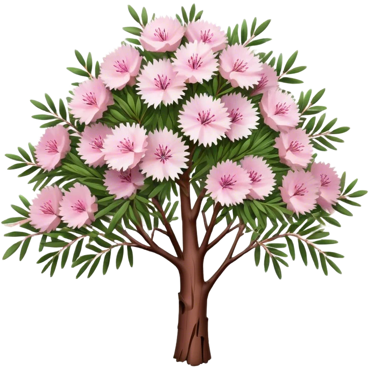 Cinematic Realistic Melaleuca Emoji, Elegant and resilient, with peeling, papery bark and delicate, needle-like leaves. The tree stands tall and graceful, with clusters of white and pink flowers dotting the branches. Soft glowing outline, capturing the essence of natural elegance and resilience in a beautiful melaleuca tree! emoji