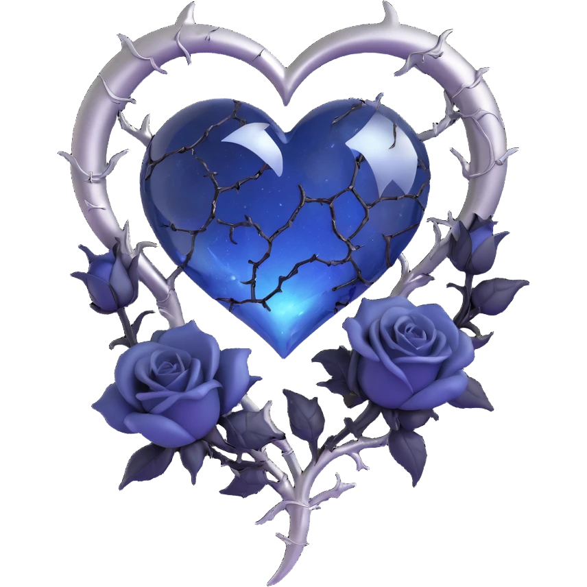 gothic heart, midnight blue glass, silver crescent moon, black roses, stardust, lightning, rain, cracked glass, cyberpunk style emoji