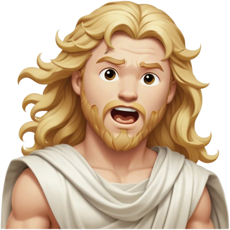 Cinematic Realistic Thor Portrait, head tilted slightly with a dramatic, wide-open yawn, revealing a moment of unguarded human vulnerability amidst his divine stature. His fair, luminous skin and elegantly styled, wavy golden hair maintain their sculptural perfection even in repose. Dressed in a flowing white toga with understated golden accents, the portrait is bathed in soft natural light, capturing a rare glimpse of relaxed, timeless strength from a Greek god reborn. emoji