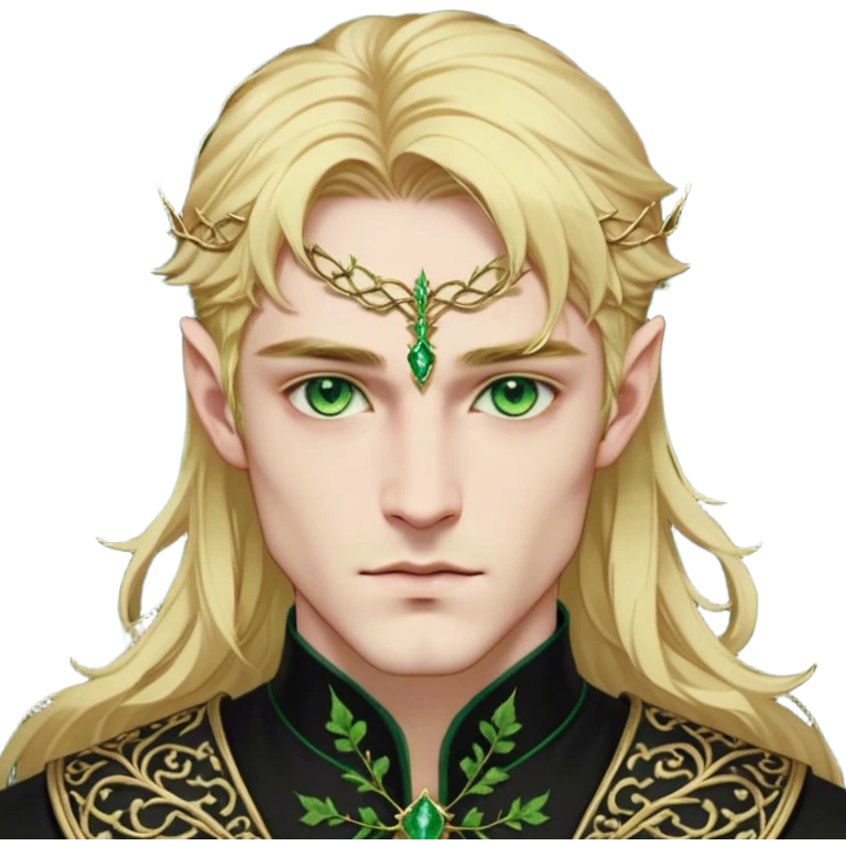 A golden-haired High Fae male with striking emerald-green eyes, his features sharp and aristocratic. He wears a deep black tunic embroidered with green ivy-like patterns, symbolizing his connection to nature. Though his broad frame and strong jawline exude power, there is a weight behind his eyes—something restrained, something broken. emoji