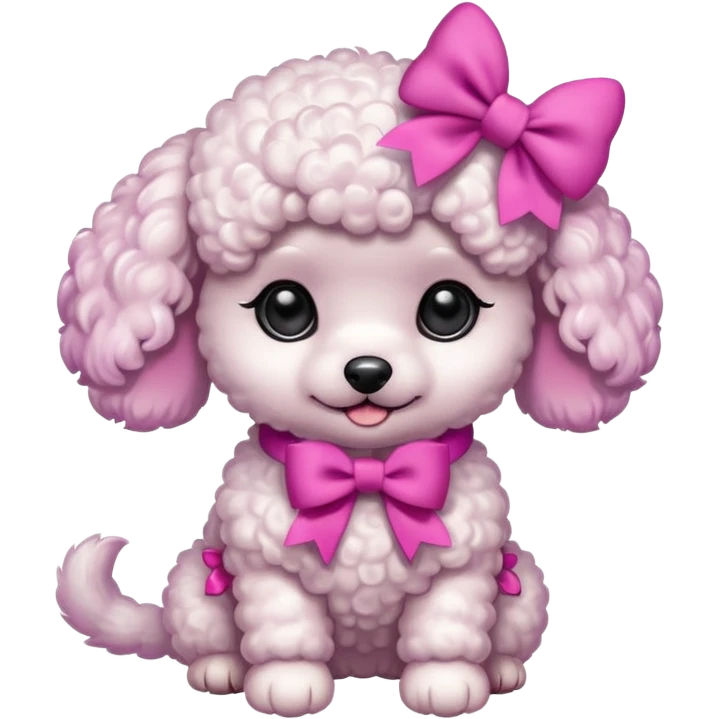 Two white toy poodle–style dogs, fluffy curly fur, round faces, black button eyes. Hot-pink paws, purple-dyed ear tips. One taller dog standing upright wearing a large pastel pink bow, one smaller round dog sitting. Cute plush emoji style. emoji